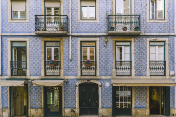 Lisbon facade with portuguese tiles on the wall