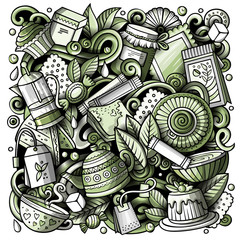 Cartoon doodles Tea illustration. Toned Cafe funny picture