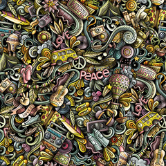 Hippie hand drawn doodles seamless pattern. Hippy background.