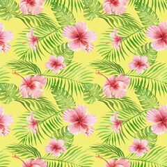 Fototapeten Seamless hand drawn Watercolor Tropical Pattern. Exotic hibiscus flower, palm and monstera leaves on yellow background. © Hanna