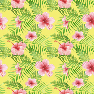 Seamless hand drawn Watercolor Tropical Pattern. Exotic hibiscus flower, palm and monstera leaves on yellow background. © Hanna