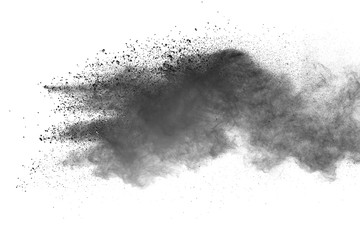 Abstract powder splatted background. Black powder explosion on white background. Colored cloud. 