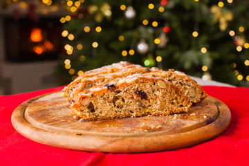 Traditional Sweet Fruit Loaf with Icing Sugar on Christmas