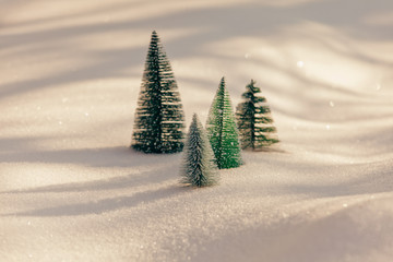 Small artificial trees on sparkling snow, sunny day