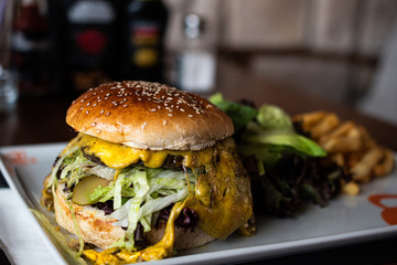 Cheeseburger with green salad and french fries