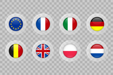 European Union, France, Italy, Germany, Belgium, United Kingdom, Poland, Netherlands flag on transparent background. Isolated vector icon set for web, design, decoration, business, travel, infographic