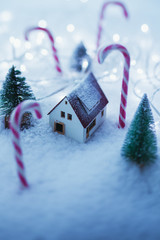 House n with Christmas tree on snowy winter night