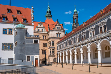 Obraz premium Historical center and colorful painted buildings in downtown of Dresden in summer with blue sky, Germany