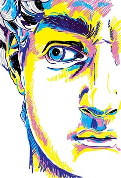 Greek sculpture young man. Greek statue Renewal, famous sculpture. Drawing markers, pop art. Stylish poster.