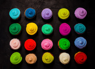 Colourfull rainbow cupcakes in rows flat lay