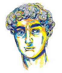 Greek sculpture young man. Greek statue Renewal, famous sculpture. Drawing markers, pop art. Stylish poster.
