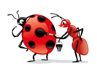 Red ant draws a black circle on the back of a ladybug.