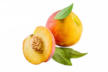 Fresh organic peaches on white background
