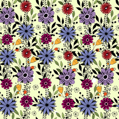 Gentle seamless pattern with cute color flowers and decorative elements. vector. hand drawing