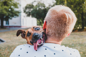 Human and dog friendship: young man hugs his funny dog. Puppy with floppy ears and tongue...