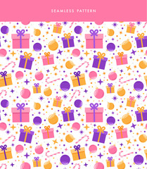 Vivid seamless pattern in a flat style with New Year and Christmas staff: gift boxes, confetti, stars, candies, decorations.