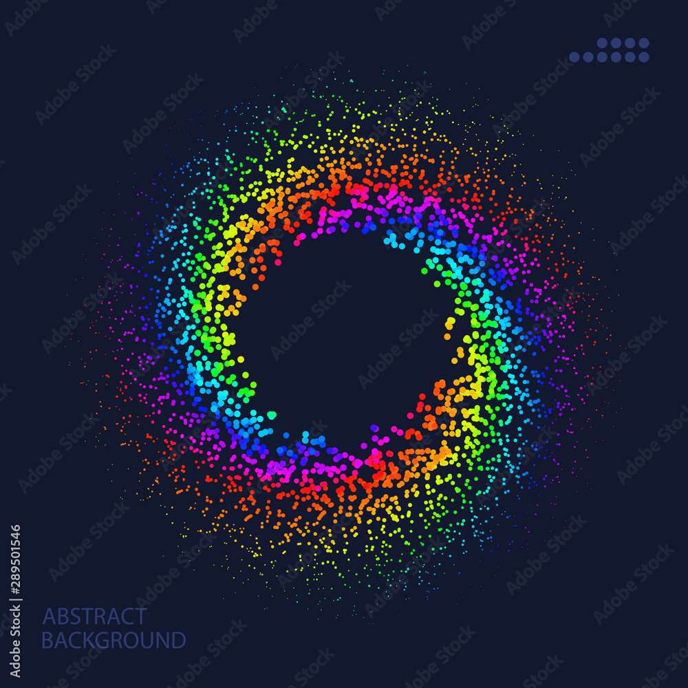 Poster many colorful randomly scattered dots in the form of a whirlpool on dark background. abstract shape.