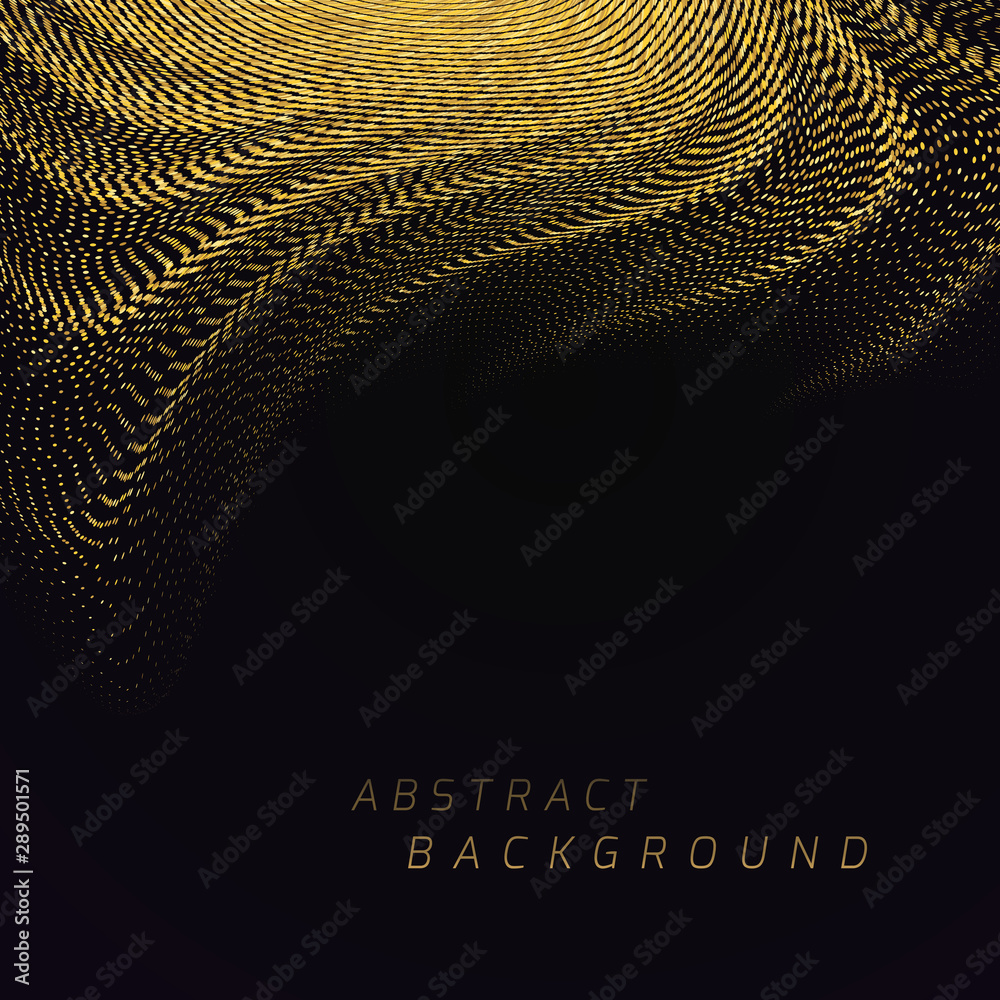 Poster soft bend of a gold striped surface with a depth effect consisting of many small dots. abstract back