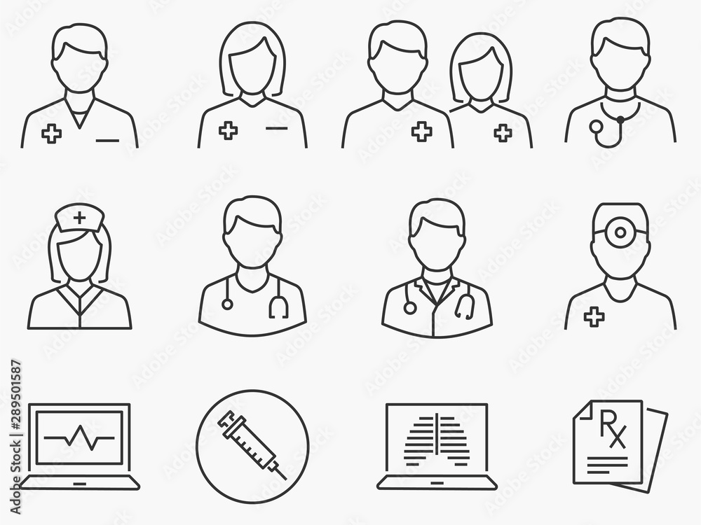 Sticker doctor and nurse line icons set. black vector illustration. editable stroke.