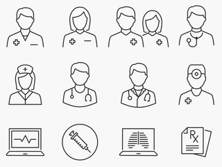 Doctor and Nurse line icons set. Black vector illustration. Editable stroke.
