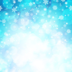 Magic winter glitter background with snowflakes. White snowflakes on light blue blurred backdrop. Template for Happy New Year and Merry Xmas holiday banners decoration vector illustration.
