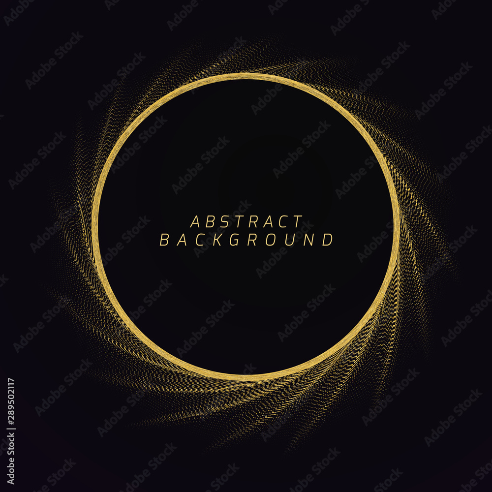 Poster round frame made of many gold small dots and waves with the effect of depth. element for design.