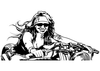 Woman Motorcyclist - Black and White Outline Illustration with Female Rider on Motorcycle, Vector