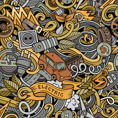 Cartoon cute doodles hand drawn Electric vehicle seamless pattern