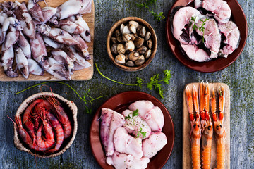 assortment of raw seafood on a table