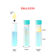 Oil Drop and test tubes with water, emulsion and immiscible liquid.