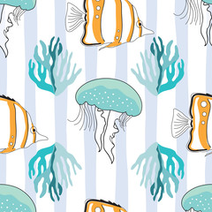 Seamless pattern with jellyfish, coral and fish on striped background