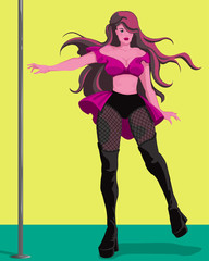 Pole dancer. Pretty woman in sexy outfit poses and dances on stage. Colorful vector illustration