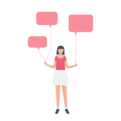 Young girl standing with speech bubbles as balloons