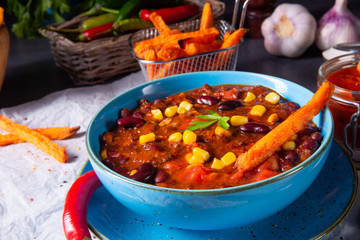 chili con carne with sweet potato and spicy nachos