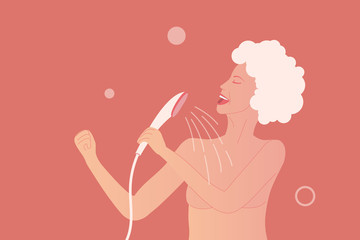 Young woman sings at the shower like a rock star pose