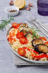 Bulgur with slices of fried vegetables