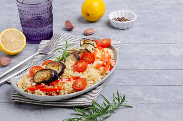 Bulgur with slices of fried vegetables