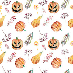 Set of hand-drawn elements painted in watercolor. Cute illustratio ns for Halloween. Watercolor halloween collection. Artistic autumn constructor clip art.