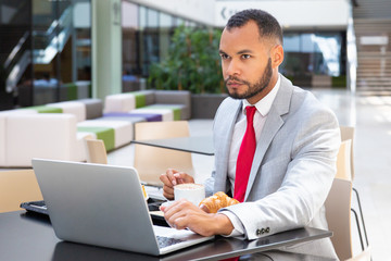 Serious businessman using laptop and looking away in cafe. Business man sitting at table with food and working on project. Wi-Fi concept