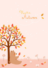 Autumn tree with cute bear.Autumn background