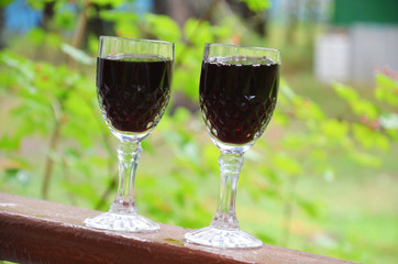 Two glasses of wine pouring wine from a bottle on a background of green foliage. Autumn concept with red wine glasses, wine bottles, vineyard landscape and grapes in nature.