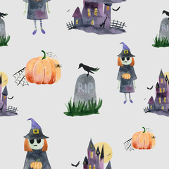 Hand-drawn pattern painted in watercolor. Cute illustrations for Halloween. Watercolor halloween collection.