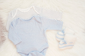 Baby Bodysuit Mockup. Styled Stock Photography. Clothes For A Boy. Jumpsuits, Rompers On A White...