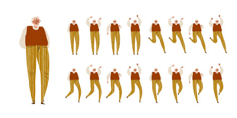 Old man dances. Big set of characters in various positions. Happy man with beard in glasses, vest in Scandinavian style stays, dances, walks, jumps. Vector illustration EPS10 isolated on white