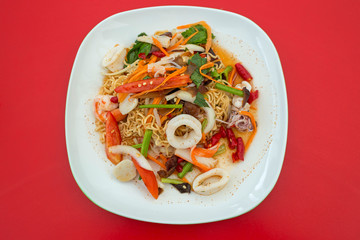 Noodle spicy seafood and salad