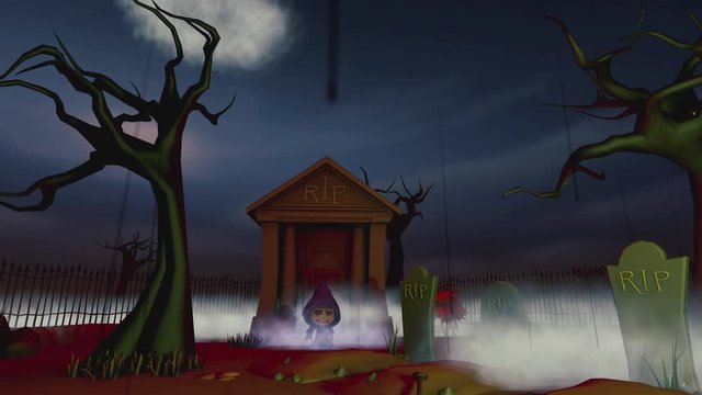 The Grim Reaper emerges from the Mausoleum angry and ready to party. While a corpse swings from a tree an evil skeleton raises a body from its grave
