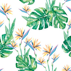 Fototapeta na wymiar Watercolor pattern tropical floral with green leaves and flowers. Greenery illustration for the textille print or wallpaper.