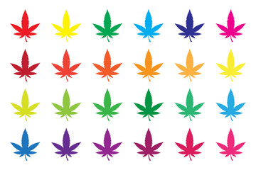 Fototapeta na wymiar Multicolored cannabis leaves on white background