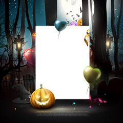 Halloween greeting card with party balloons, confeti and pumpkins in a spooky forest.