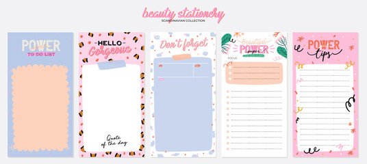 Collection of weekly or daily planner, note paper, to do list, stickers templates decorated by cute beauty cosmetic illustrations and trendy lettering. Trendy scheduler or organizer. Flat vector